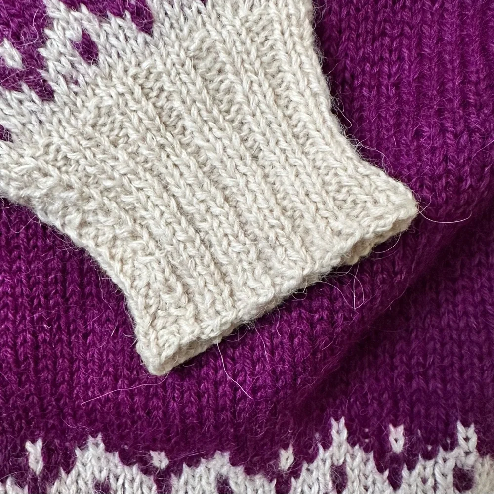 Purple and Cream Hand knitted Wool Women's Sweater - Picture 5 of 8